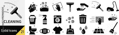 Cleaning solid icons in grayscale vector. modern flat line vector illustration. household cleaning tools and products pictogram
