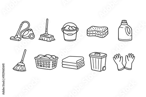 Cleaning supplies icons set with vacuum cleaner broom bucket sponge and laundry