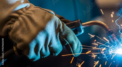 A welder at work with protective gear and sparks flying