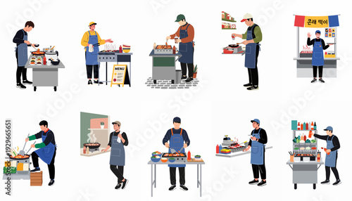 Diverse Korean Street Food Vendors Cooking and Serving Traditional Dishes at Bustling Market Stalls.