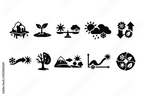 Climate change concept icons showing global warming melting ice and weather balance