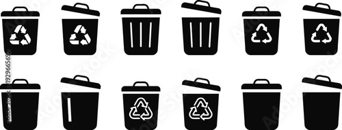 Collection of black recycle bin icons with lids open and closed on white background