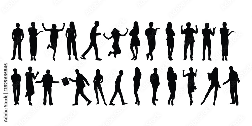 Fototapeta premium Collection of diverse people silhouettes in various dynamic poses on white background