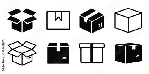 Collection of different shipping boxes icons and illustrations isolated on white background