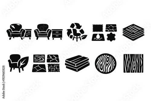 Collection of flat design icons representing furniture, materials, and recycling concepts