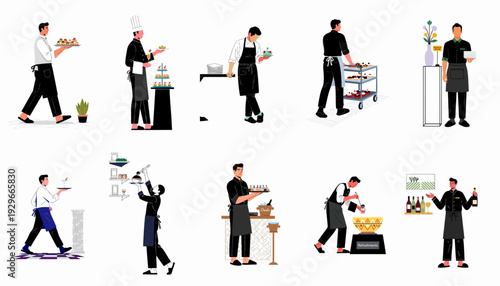 Diverse hospitality staff delivering professional catering, food, and beverage services for events and restaurants, showcasing culinary excellence.