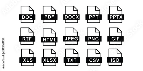 Collection of file type icons including documents, images, and archives