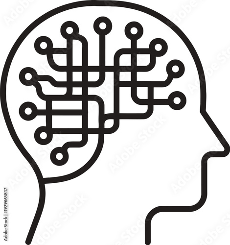 A stylized illustration of a human head showcasing a brain with neural network connections. Vector