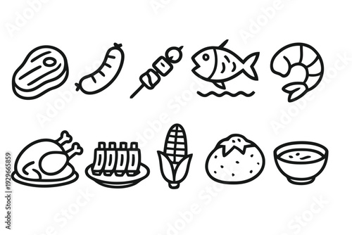 Collection of food icons for barbecue and grilling, thin line design