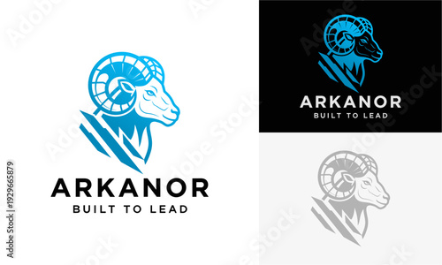 Arkanor logo designs featuring a stylized ram's head in various colors and backgrounds