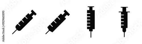 Collection of four black syringe icons in different orientations and styles for medical use