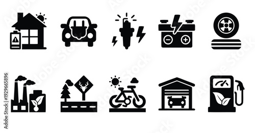 Collection of electric and hybrid vehicle technology icons for green transportation