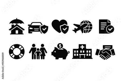 Collection of insurance and protection icons isolated on white background