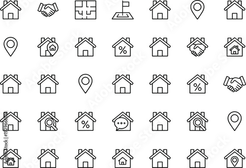 Real estate and property market icon set, house sale, mortgage, handshake, and location symbols, cad drawing flat vector illustration, isolated white background.