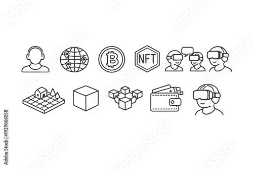 Collection of line icons related to technology, finance, and virtual reality