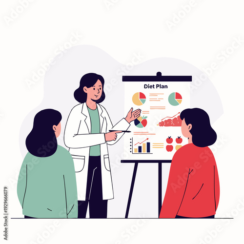 Professional female nutritionist in a white coat presenting a detailed diet plan with charts and food images to two clients, promoting health and wellness.