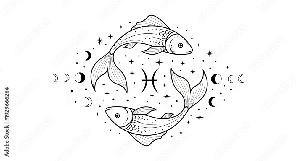 custom made wallpaper toronto digitalMystical zodiac sign Pisces with fish swimming among stars and moons