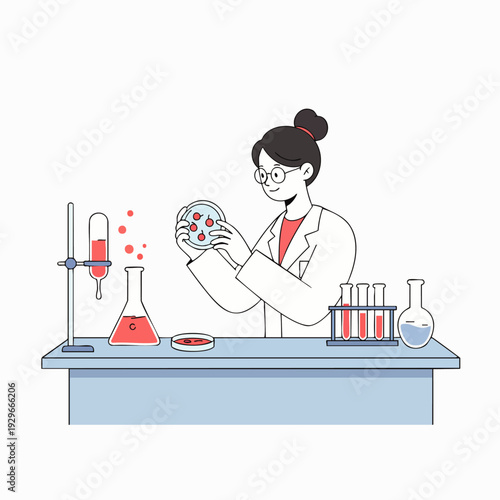 Scientist in a lab coat examining a petri dish with red samples under laboratory lighting, illustrating scientific research and discovery.
