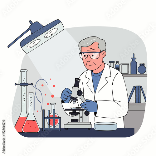 Scientist working in laboratory with microscope, conducting research and experiments, wearing lab coat and safety glasses.