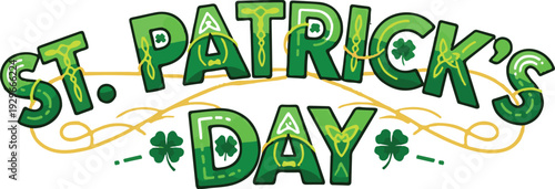 St. patrick's day greeting design with green bubble letters and golden swirls on white background.