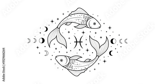 Mystical zodiac sign Pisces with fish swimming among stars and moons