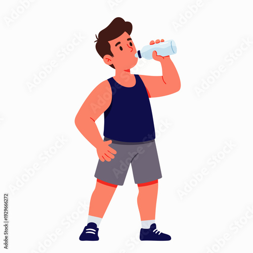 Cartoon illustration of a young man in casual activewear drinking water from a plastic bottle, emphasizing hydration, health, fitness, and refreshment.