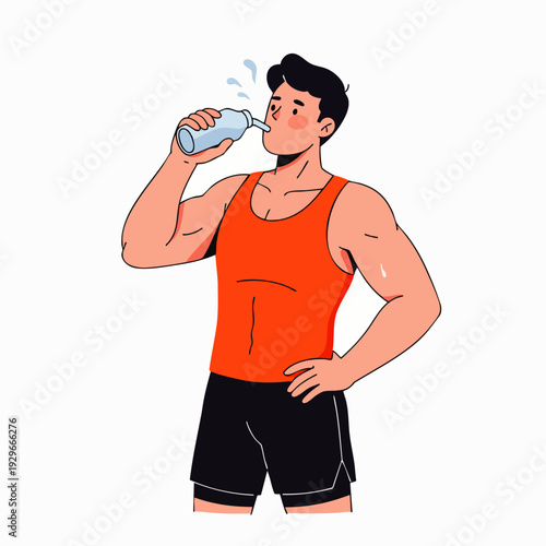 Vibrant cartoon illustration of a fit young man in athletic wear drinking water from a bottle, symbolizing hydration, post-workout recovery, and active lifestyle.