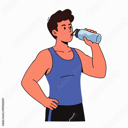 Athletic man in blue tank top drinking water from a reusable bottle, promoting hydration and healthy lifestyle