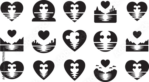 Black and white heart-shaped nature and cityscape in a grid