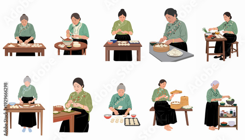 Authentic Asian dumpling making: Grandmas rolling dough, filling, shaping, and steaming homemade jiaozi, showcasing culinary tradition.