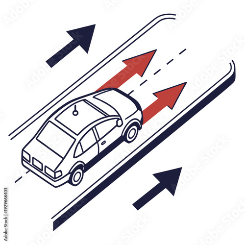 A car changing lanes on a road with arrows