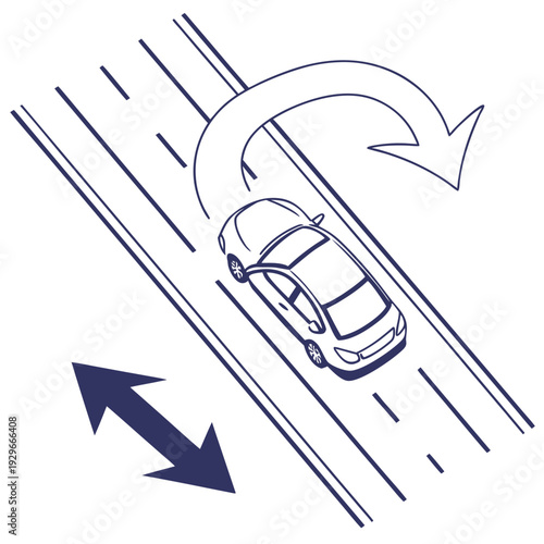 A car turning on a road with arrows indicating lane change