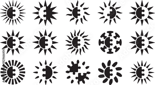 Black and white puzzle piece sun with various ray rays