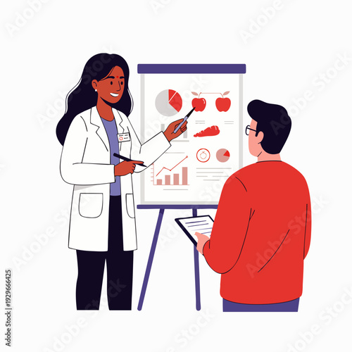 Female nutritionist explaining healthy diet plan to male patient during consultation, showing charts and food on a whiteboard. Health and wellness concept.