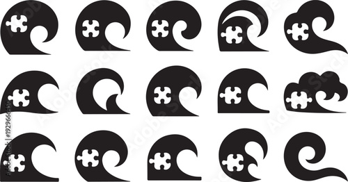 Black and white puzzle pieces arranged in a grid pattern with wave shapes