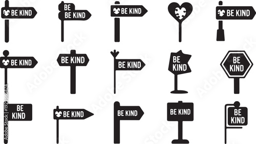 Black and white signs with be kind message and puzzle piece symbol
