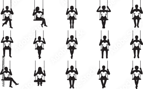Black silhouettes of people sitting on swings in various positions