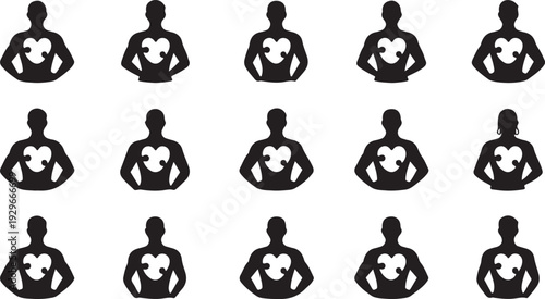 Fifteen black and white silhouette figures with heart-shaped cutouts on their chests