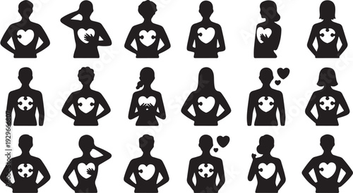 Silhouettes of people with heart symbols on their chests in various poses black and white