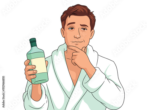 Man in White Robe Holding Bottle with Thoughtful Expression and Pensive Pose