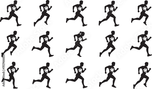 Silhouettes of runners with heart symbols on their chests in various running poses