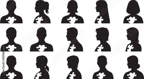 Silhouettes of people with puzzle piece symbols on their chests black