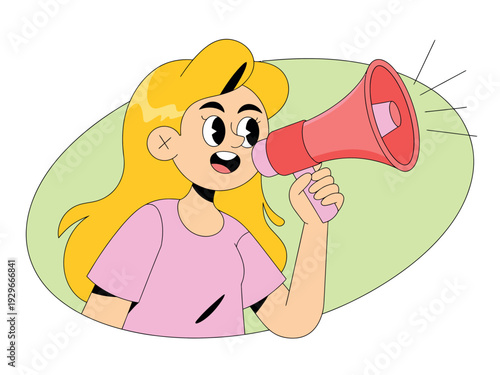 Cartoon blonde girl holding red megaphone, speaking loudly with pink shirt and green background