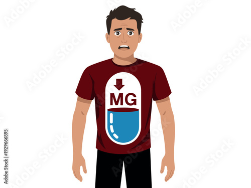 Cartoon man wearing red t-shirt with large blue and white pill graphic design