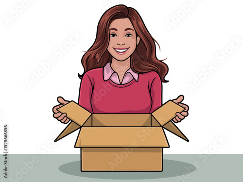 Cartoon woman emerging from cardboard box with smile and open arms