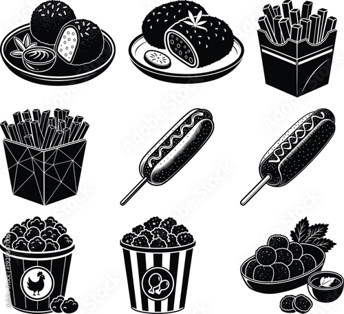 Black and white of various fast food and snacks french fries hot dog corn dog chicken nuggets meatballs