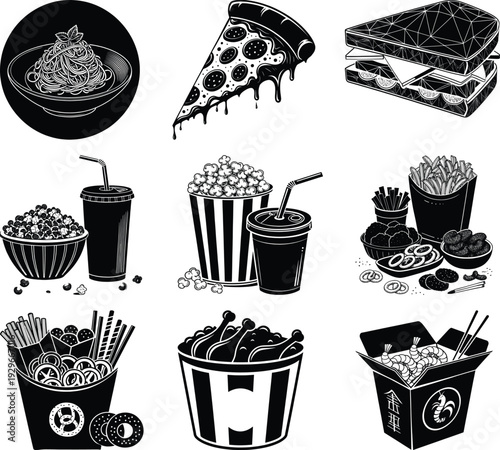 Black and white of various fast food and snack spaghetti pasta pizza slice dripping cheese sandwich
