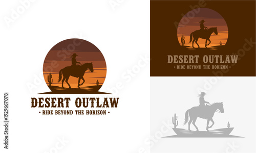 A lone cowboy rides a horse across the desert landscape at sunset with a cactus in the foreground