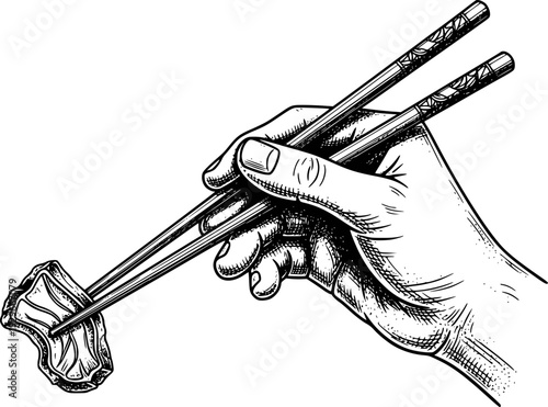 Hand holding raw meat slice with chopsticks in vintage engraving style