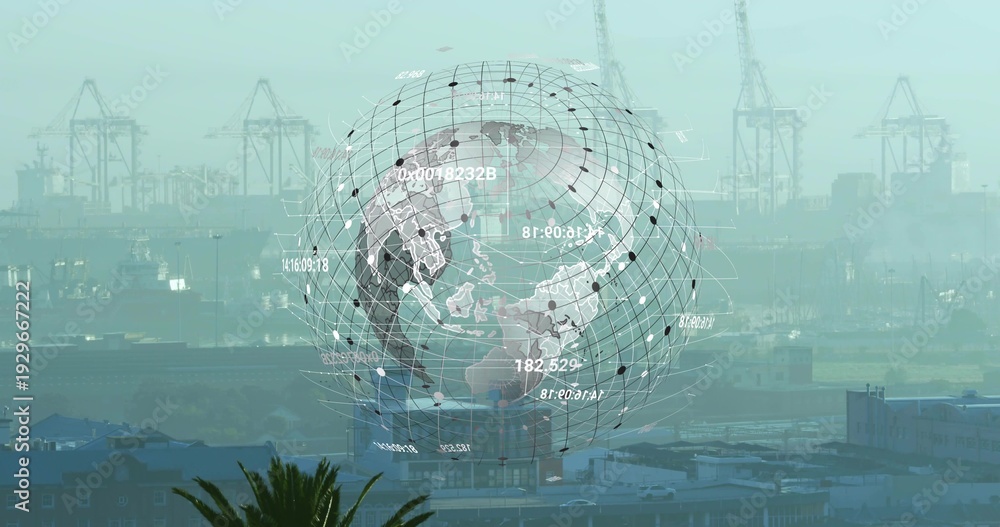 Obraz premium Hovering 3D wireframe globe overlaying misty harbor port, showing cranes, docked ships, palm tree